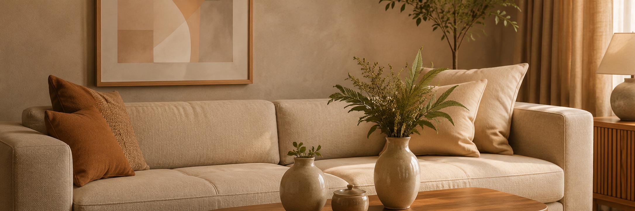 Sala aconchegante com sofá, mesa e decoração